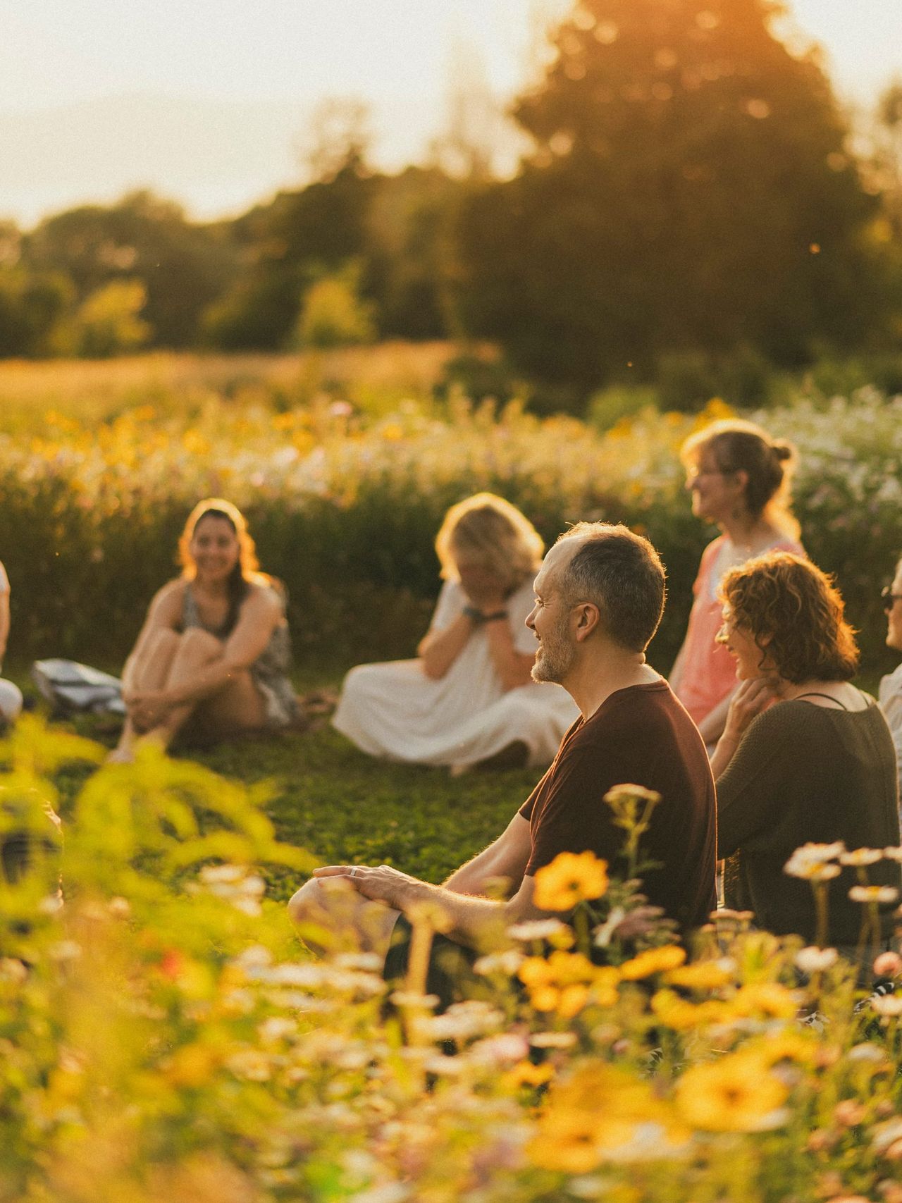 Cercle assis dans un champ de fleurs sauvages au couchant, visages souriants dans la lumière dorée.