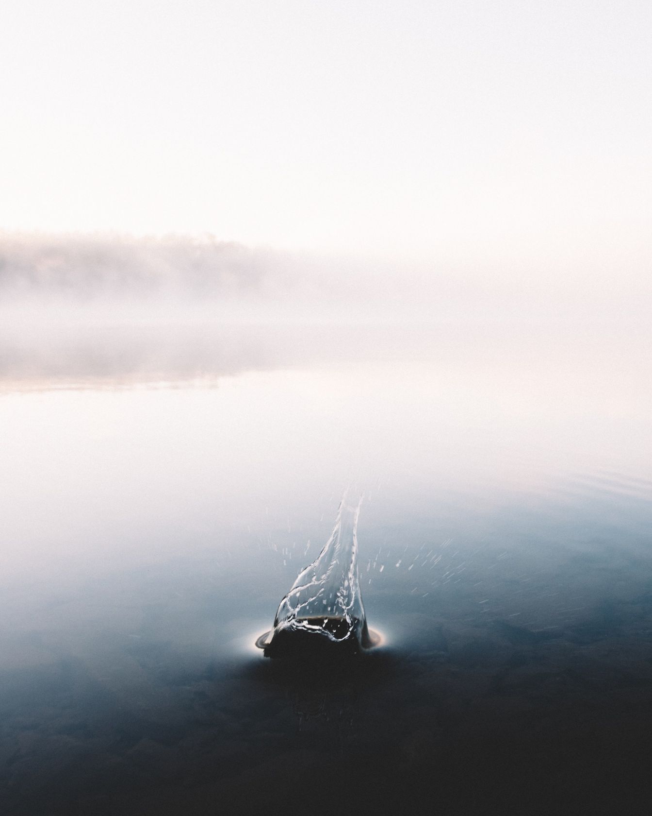Des gouttes tombent dans l'eau calme et brumeuse.